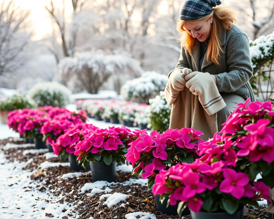 A serene winter garden scene focusing on the preparation of busy lizzies (impatiens) for the cold season. In the foreground, a gardener in modest casual clothing gently covers vibrant pink and purple impatiens with protective cloths. The middle ground features neatly arranged pots of impatiens, some half-buried in mulch, hinting at the care taken to secure them for winter. In the background, a soft snowfall blankets a tranquil garden, framing the plants. The afternoon light casts a warm glow on the scene, creating a peaceful atmosphere. A shallow depth of field emphasizes the plants while slightly blurring the snow-covered trees beyond. The overall mood is one of nurturing and preparation, perfectly capturing the theme of winterizing flower beds.
