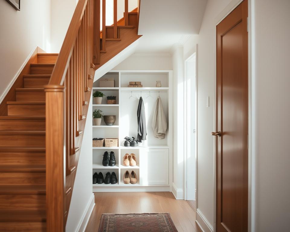 A small hallway featuring a creative under-stairs storage solution. The foreground highlights a stylish wooden staircase with a sleek design, adorned with potted plants on the steps. In the middle, a well-organized storage area utilizes the space under the stairs, showcasing shelves filled with shoes, decorative boxes, and a small coat rack. The background features soft, natural lighting illuminating the area, creating a warm and inviting atmosphere. The walls are painted in light, neutral colors, complemented by a cozy rug on the floor. The angle captures both the innovative use of space and the overall elegance of the hallway, conveying a sense of functionality and style.