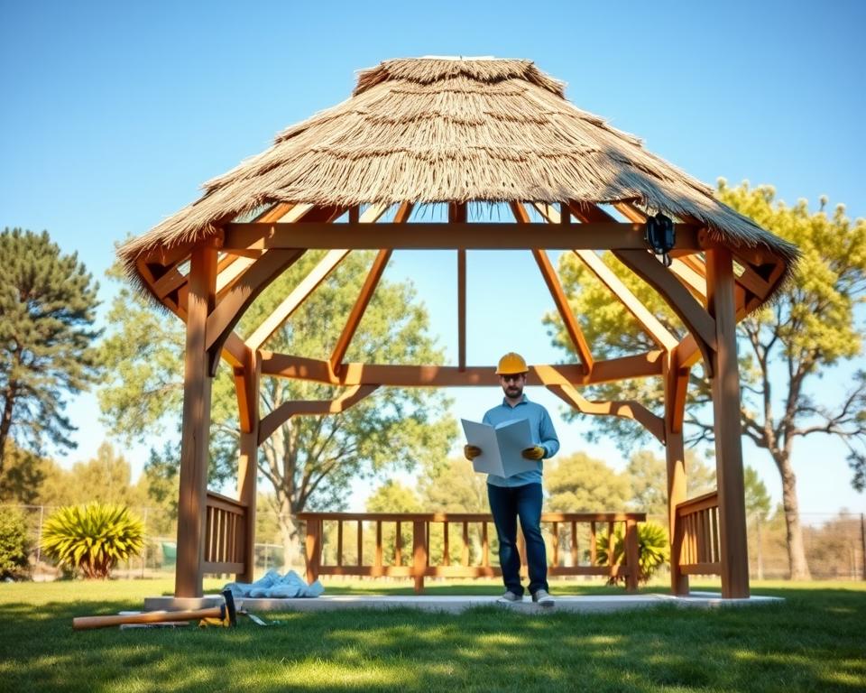 A step-by-step construction guide for a garden gazebo, set outdoors in a sunny environment. In the foreground, display a partially built gazebo with wooden beams and a thatched roof, showcasing construction tools like a hammer and measuring tape. In the middle, include a person wearing a hard hat and work gloves, examining blueprints while standing on a grassy area. The background features trees and a clear blue sky, adding a sense of openness and tranquility. Utilize soft, natural lighting to emphasize the serene atmosphere. Capture the scene with a slightly elevated angle to provide a comprehensive view of the construction process, while maintaining a professional and inviting mood throughout the image.