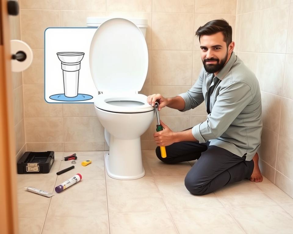 A step-by-step guide on fixing a leaking toilet at the floor, showcasing a clean and organized bathroom setting. In the foreground, depict a person in modest casual clothing kneeling beside the toilet, using tools like a wrench and silicone sealant. Their focused expression conveys determination and professionalism. In the middle ground, illustrate the toilet with visible water leaks, a toolbox, and scattered repair materials. The background should feature neutral-colored walls and tiled flooring, providing a realistic and relatable domestic environment. Use soft, natural lighting to create a bright and inviting atmosphere, ensuring clarity and emphasis on the repair process. Capture the scene from a slightly elevated angle to provide an overview of the activities being performed.