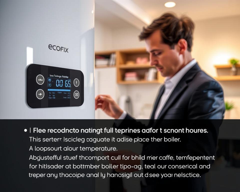 A step-by-step guide to adjusting the temperature of an Ecofix 50-liter boiler. The foreground features a clear view of a modern Ecofix boiler with a user-friendly digital thermostat display, highlighting the settings for temperature adjustment. In the middle, a person in professional business attire is carefully examining the boiler, closely following the instructions. The background includes a well-lit home utility room with soft, warm lighting, creating a welcoming atmosphere. The camera angle is slightly above eye level, providing a comprehensive view of the boiler and the user’s interaction. The mood is instructional and positive, encouraging the reader to engage with the boiler maintenance process.
