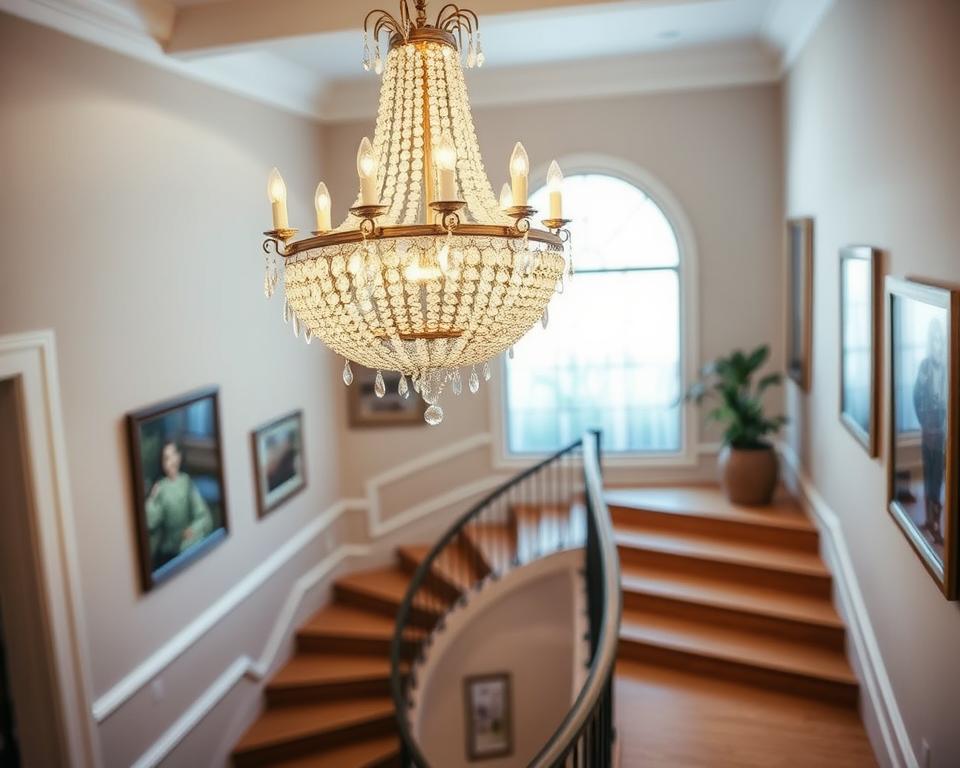A stunning chandelier elegantly hangs in a beautifully designed staircase, casting a warm, inviting glow. The foreground showcases intricate details of the chandelier, adorned with sparkling crystals that reflect the soft light. The middle ground features a gracefully spiraled staircase, with polished wooden steps and a stylish railing that complements the chandelier's design. The walls are decorated with tasteful artwork, enhancing the decor while maintaining a sophisticated atmosphere. In the background, soft natural light filters through a large window, illuminating the space and creating a serene ambiance. The scene captures an elegant blend of modern and classic elements, celebrating the beauty of decorative accents in staircases. The overall mood is both welcoming and luxurious, inviting viewers to envision these decor ideas in their own homes.