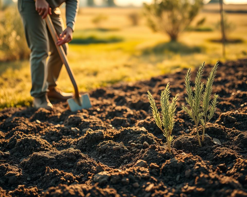 A tranquil garden scene showcasing the preparation of soil for tamarisk plants. In the foreground, a gardener in modest casual clothing works diligently with a spade, turning rich, dark soil. The middle ground features freshly turned earth, highlighting the texture and quality of the soil, while a few tamarisk seedlings are gently placed nearby, ready for planting. In the background, a serene landscape filled with soft, green grass and distant trees under a warm, golden afternoon light enhances the atmosphere of care and nurturing. Use a slightly elevated angle to capture the entire scene, with an emphasis on the gardener’s focus and the fertile ground, creating a peaceful and dedicated gardening mood.