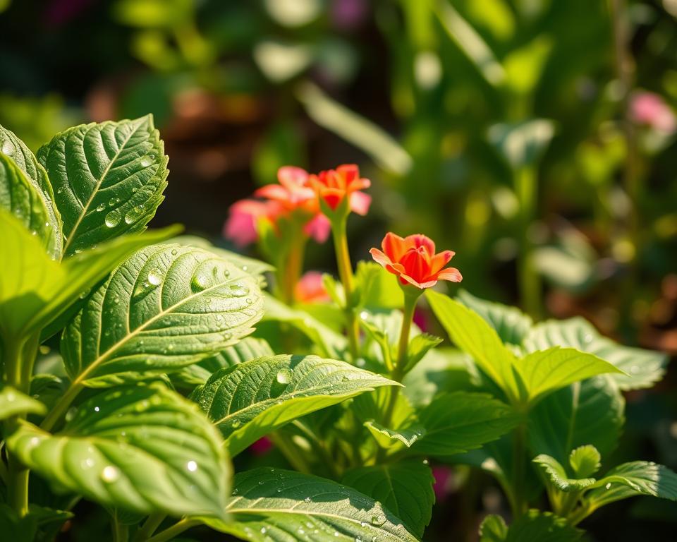 A vibrant close-up of lush green plants thriving in a well-maintained garden, demonstrating the effects of ammonium nitrate on plant growth. In the foreground, show healthy leaves with glistening droplets of water, indicating recent irrigation. The middle section features sturdy plant stems and vibrant flowers starting to bloom, symbolizing robust growth fueled by nutrient-rich water. The background reveals soft bokeh of other garden plants, suggesting a thriving ecosystem. Soft, warm sunlight filters through the leaves, casting gentle shadows and enhancing the lush colors. The atmosphere is one of vitality and nurturing, capturing the essence of optimal plant growth driven by proper fertilization. A vibrant close-up of lush green plants thriving in a well-maintained garden, demonstrating the effects of ammonium nitrate on plant growth. In the foreground, show healthy leaves with glistening droplets of water, indicating recent irrigation. The middle section features sturdy plant stems and vibrant flowers starting to bloom, symbolizing robust growth fueled by nutrient-rich water. The background reveals soft bokeh of other garden plants, suggesting a thriving ecosystem. Soft, warm sunlight filters through the leaves, casting gentle shadows and enhancing the lush colors. The atmosphere is one of vitality and nurturing, capturing the essence of optimal plant growth driven by proper fertilization.