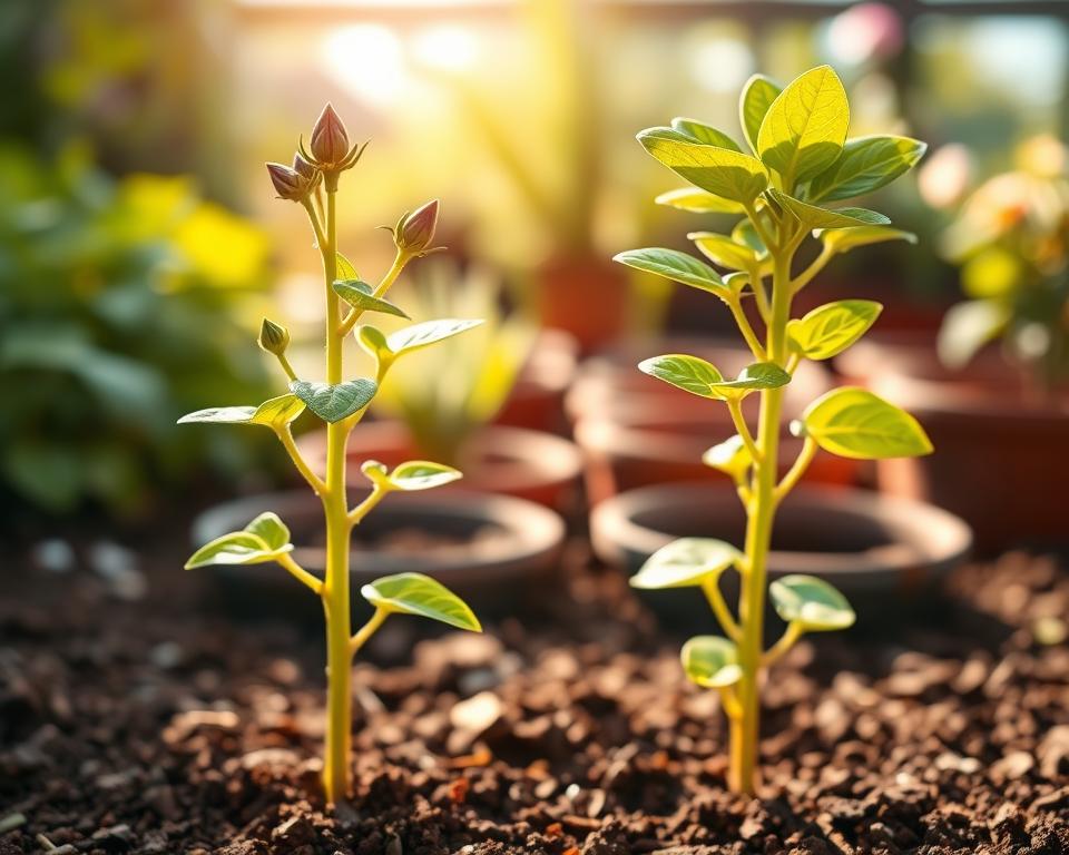 A vibrant comparison of young *kielichowiec wonny* plants in a well-maintained garden setting. In the foreground, depict two side-by-side saplings, showcasing their distinct growth stages, one a few years old with a few budding flowers, the other younger and more verdant, with lush green leaves. The middle ground should feature rich soil and planting pots, hinting at the nurturing process of growing these plants. In the background, a soft-focus view of a sunlit garden, with hints of other botanicals to suggest a thriving environment. The composition should evoke a sense of tranquility and growth, with warm, inviting lighting that enhances the green hues and highlights the budding flowers. Capture the essence of nurturing and anticipation in the journey of *kielichowiec wonny*.