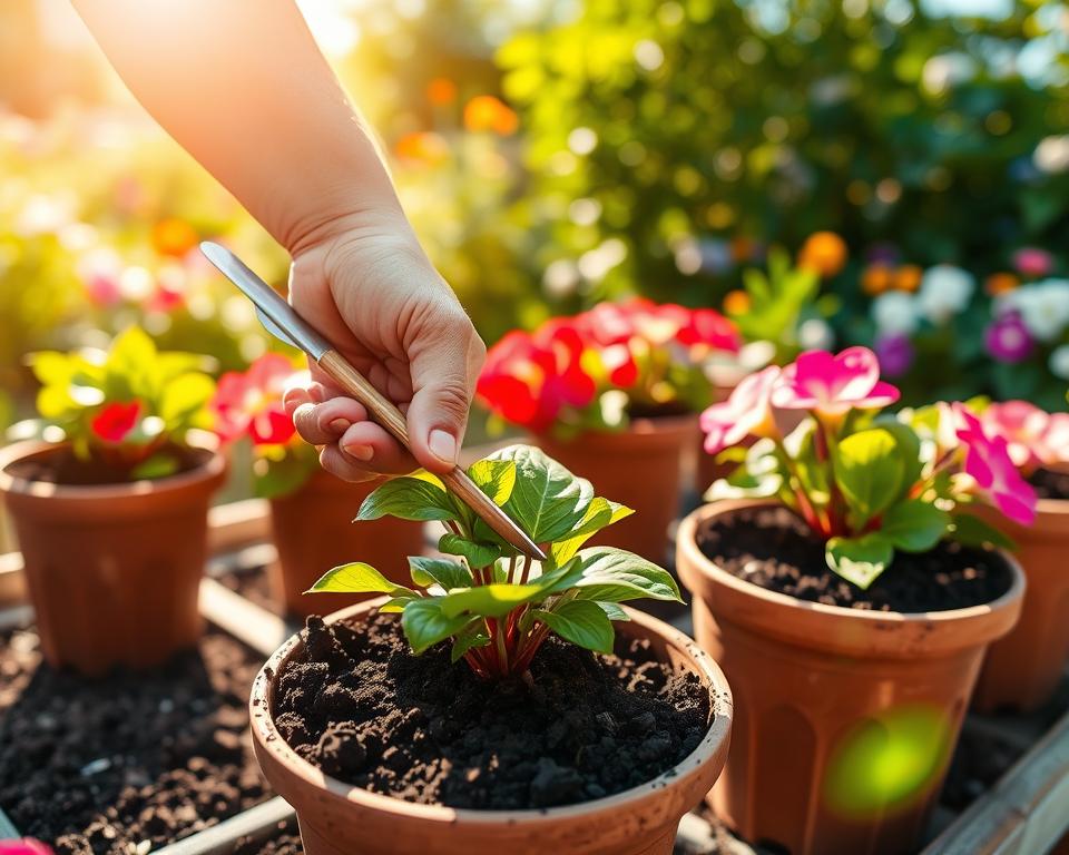A vibrant garden scene showcasing the propagation of impatiens through cuttings. In the foreground, focus on a skilled gardener gently placing lush green cuttings into a pot filled with rich, dark soil, using a small trowel. The middle ground features several pots with healthy impatiens plants of various colors, their delicate petals glistening softly in natural sunlight. The background should depict a sunlit garden with blurred greenery and blooming flowers, enhancing the serene atmosphere. Bright, warm lighting illuminates the scene, creating a cheerful and inviting mood. Capture this image from a slightly elevated angle to highlight both the act of planting and the surrounding beauty of the garden.