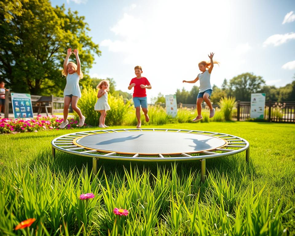 A vibrant outdoor scene depicting a safe and well-maintained in-ground trampoline surrounded by lush green grass and colorful flowers. In the foreground, show a group of children, all wearing modest casual clothing, taking turns bouncing joyfully on the trampoline, emphasizing safety and fun. In the middle ground, include a clear safety net around the trampoline and visible safety guidelines on a nearby board. The background features a sunny sky with soft clouds and trees, creating a cheerful and inviting atmosphere. Use bright, natural lighting to enhance the playful mood of the scene, and capture the image from a low angle to make the trampoline appear more prominent, highlighting its importance in outdoor play.