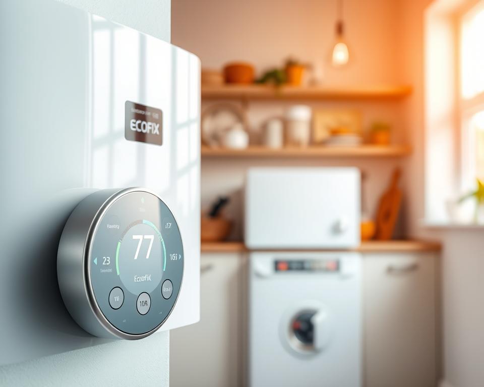 A visually engaging and informative scene depicting a modern Ecofix 50l boiler in a well-lit residential setting, showcasing the importance of temperature regulation. In the foreground, feature a sleek digital thermostat interface displaying a comfortable temperature setting. The middle ground should include the Ecofix 50l boiler, with visible labels highlighting its energy efficiency features. In the background, show a cozy kitchen environment with warm, natural lighting filtering through a window, emphasizing a homely atmosphere. Use a soft focus to suggest warmth and comfort. The composition should convey a sense of reliability and professionalism, highlighting the significance of temperature control in maintaining energy efficiency and comfort at home.