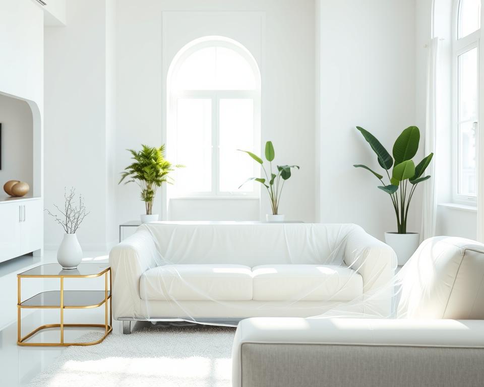 A well-lit modern interior featuring a pristine white living room with elegant furniture pieces, showcasing a sofa and side table protected with clear plastic covers to prevent yellowing. In the foreground, a close-up of the sofa covered in a stylish, transparent protective material, highlighting its sleek design. In the middle ground, a bright sunbeam filters through a large window, casting soft shadows and accentuating the furniture's sheen. In the background, tasteful houseplants add a touch of greenery to the scene, complementing the white and neutral tones of the room. The atmosphere is serene and inviting, evoking a sense of care and maintenance for the furniture's longevity. The image captures the essence of protecting furniture against yellowing, emphasizing both elegance and practicality.