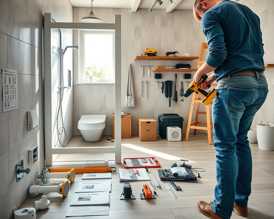 A well-structured bathroom installation scene focusing on safety and stability during the assembly of a frame structure for sanitary equipment. In the foreground, a professional installer in smart casual clothing ensures the secure attachment of a geberit frame to the wall, using precise tools like a level and a drill. The middle ground depicts various high-quality plumbing components and installation manuals laid out neatly. In the background, softly lit, a neatly organized workspace with tools and parts, giving a sense of order and professionalism. Natural daylight streams in from a window, creating a bright and inviting atmosphere. The composition captures a sense of confidence, expertise, and meticulousness, reflecting the essence of expert practical advice for home installation. A well-structured bathroom installation scene focusing on safety and stability during the assembly of a frame structure for sanitary equipment. In the foreground, a professional installer in smart casual clothing ensures the secure attachment of a geberit frame to the wall, using precise tools like a level and a drill. The middle ground depicts various high-quality plumbing components and installation manuals laid out neatly. In the background, softly lit, a neatly organized workspace with tools and parts, giving a sense of order and professionalism. Natural daylight streams in from a window, creating a bright and inviting atmosphere. The composition captures a sense of confidence, expertise, and meticulousness, reflecting the essence of expert practical advice for home installation.