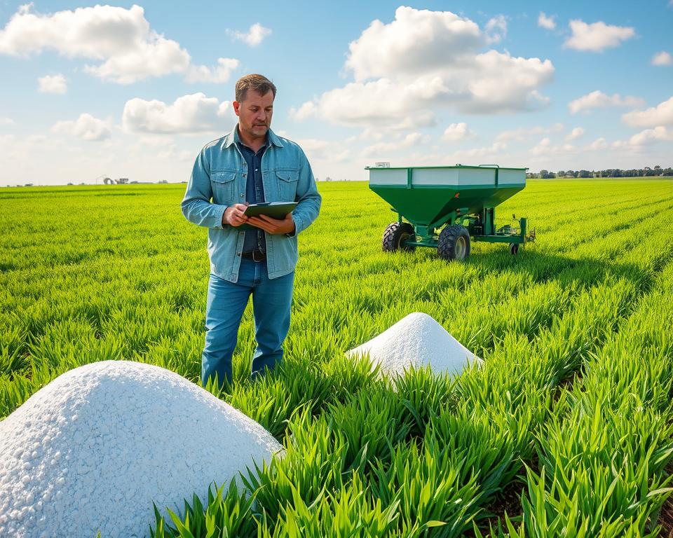 Aerial view of a lush green field being treated with ammonium nitrate, which is displayed in piles on the ground. In the foreground, a professional-looking farmer in modest casual clothing examines a transparent container filled with crystalline ammonium nitrate, taking notes on a clipboard. The middle ground reveals the farming equipment, like a spreader, meticulously distributing the fertilizer across the vibrant crops. The background features a blue sky dotted with soft clouds, casting warm sunlight over the scene, creating a serene atmosphere. The composition should focus on the careful application of the fertilizer, highlighting its importance in agricultural practices. Capture this in vivid colors with a slightly elevated angle to show the entire process clearly, maintaining a crisp, professional look. Aerial view of a lush green field being treated with ammonium nitrate, which is displayed in piles on the ground. In the foreground, a professional-looking farmer in modest casual clothing examines a transparent container filled with crystalline ammonium nitrate, taking notes on a clipboard. The middle ground reveals the farming equipment, like a spreader, meticulously distributing the fertilizer across the vibrant crops. The background features a blue sky dotted with soft clouds, casting warm sunlight over the scene, creating a serene atmosphere. The composition should focus on the careful application of the fertilizer, highlighting its importance in agricultural practices. Capture this in vivid colors with a slightly elevated angle to show the entire process clearly, maintaining a crisp, professional look.