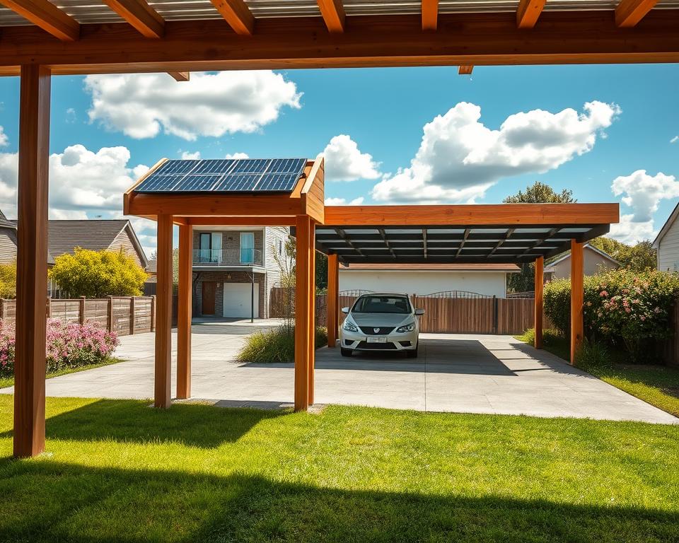 An expansive outdoor setting showcasing various types of wooden and metal carports (wiaty) in different styles and materials. In the foreground, a modern wooden carport stands with solar panels on the roof, complemented by lush green grass. In the middle ground, a classic metal carport features a concrete driveway, framed by flowering bushes. The background reveals a serene residential environment with a clear blue sky and sunlight filtering through fluffy clouds, enhancing the tranquil atmosphere. The scene is captured with a wide-angle lens to emphasize depth and detail, casting soft shadows for a natural look. The overall mood is inviting and informative, perfect for illustrating options for home solutions.