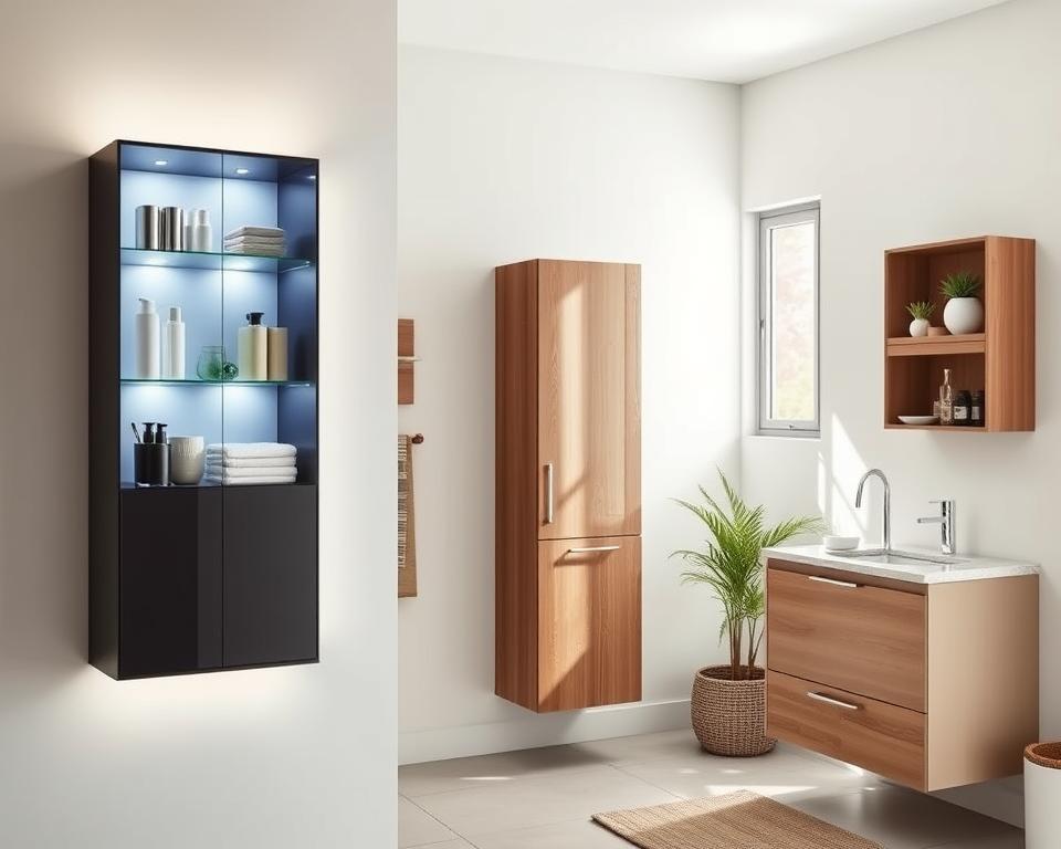 Elegant bathroom storage solutions showcasing three types of cabinets: a stylish wall-mounted cabinet, a contemporary freestanding unit, and a sleek vanity cabinet under the sink. In the foreground, the wall-mounted cabinet features open shelves displaying neatly arranged toiletries and decorative items with soft LED lighting highlighting its modern design. The middle section captures the freestanding cabinet with a wood finish, showcasing organized bathroom essentials, creating a warm and inviting feel. The vanity cabinet below the sink harmonizes functionality with aesthetics, featuring a minimalist style and ample storage. The background sets a serene bathroom atmosphere with neutral color tones, natural light spilling in from a window, and decorative plants adding freshness, evoking a tranquil and organized space. The composition is warm and inviting, perfect for inspiring home organization.