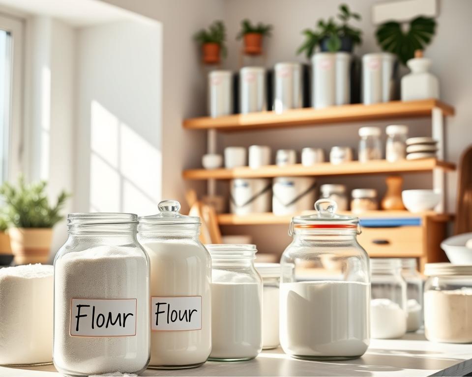 A bright and tidy kitchen scene showcasing various containers filled with flour, emphasizing practical storage solutions to prevent pest infestations. In the foreground, clear glass jars with airtight seals display white flour, with labels indicating the type of flour. The middle ground features wooden shelves neatly organized with several other containers, including tin canisters and plastic bins, each securely closed. The background reveals a well-lit corner of the kitchen, decorated with potted herbs and baking tools, enhancing a warm and inviting atmosphere. Sunlight streams in through a window, casting soft shadows and highlighting the cleanliness of the space. The overall mood is one of orderliness and practicality, inspiring viewers to maintain their flour storage effectively.