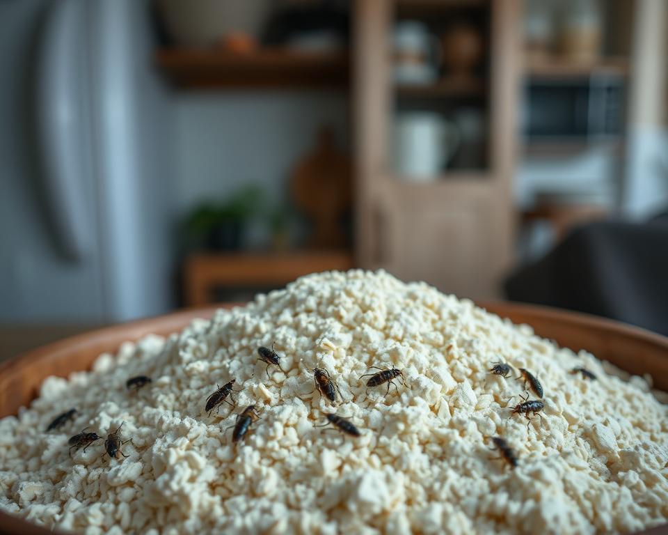 A close-up shot of a bowl of flour, with visible insects and larvae mingled within the grain, illustrating the impact of infestation on quality and safety. In the foreground, focus on the flour and the creepy crawlies, showcasing a mix of desaturation and shadow to evoke concern. The middle ground should fade slightly into a kitchen environment, with a blurred pantry in the background, implying a domestic setting where such infestations occur. Soft, diffused lighting enhances the seriousness of the topic, casting gentle shadows, while a slight overhead angle adds depth. The overall mood should feel unsettling yet informative, emphasizing the importance of monitoring food items for safe consumption.