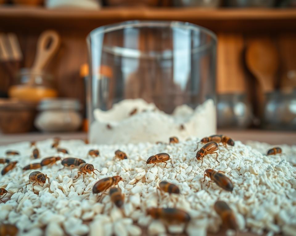 A detailed and vivid composition showcasing common flour pests in a close-up view. In the foreground, highlight a variety of pests such as weevils and moth larvae crawling on scattered flour grains, illustrating their distinct features and textures. The middle ground should feature a clear container of flour, partially open, with pests visible inside, emphasizing infestation. The background should be softly blurred, depicting a rustic kitchen setting with wooden shelves and cooking utensils, to create context without distraction. Use warm, natural lighting to enhance the seriousness of the contamination while keeping the mood educational and informative. The image should be shot from a slightly elevated angle, focusing on the pests as the main subject.