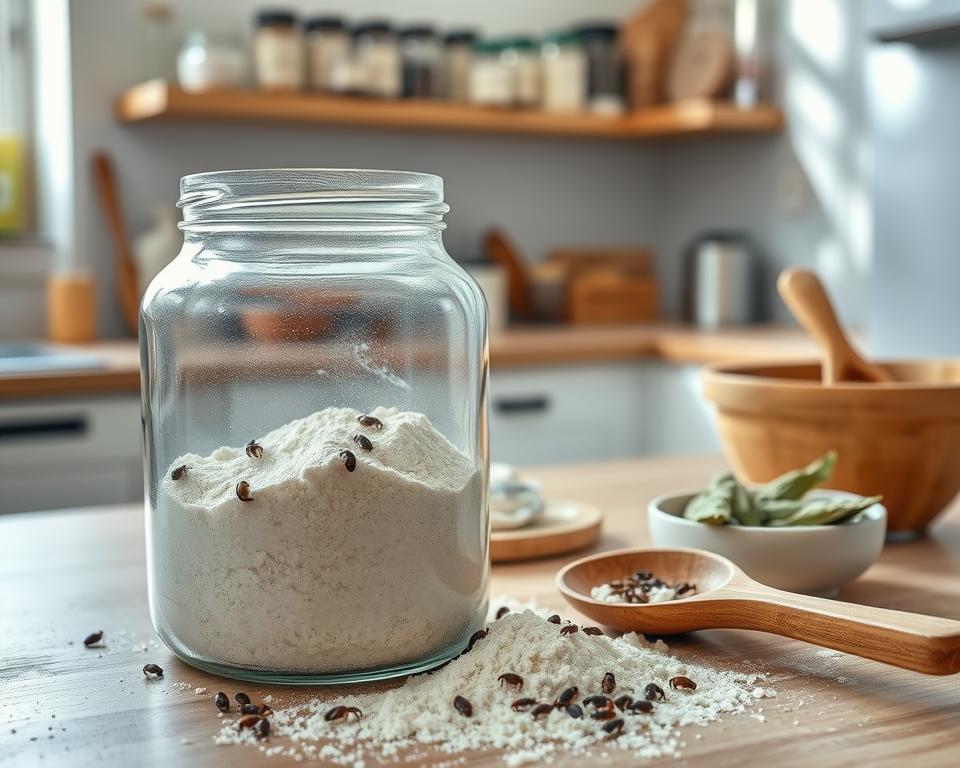 An effective and clean kitchen setting showcasing the process of effectively removing weevils from flour. In the foreground, a clear glass jar filled with flour, with small dark weevils visible on the flour's surface. Next to it, a wooden spoon and a small bowl containing natural remedies like bay leaves or other pest-repelling ingredients. In the middle ground, a well-organized kitchen countertop, suggesting cleanliness and hygiene. The background features shelves with neatly labeled jars of spices and baking essentials. Soft, natural lighting cascades through a window, creating a warm and inviting atmosphere that suggests a sense of order and control over the situation. The image should convey a feeling of calm and practicality in managing household pests.