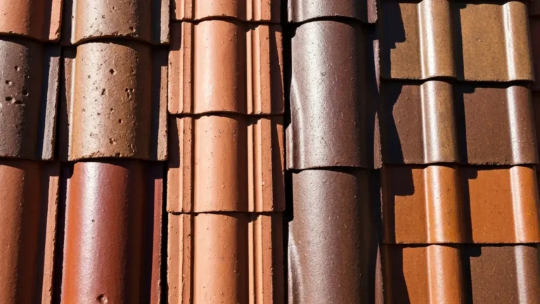 Zdjęcie różnych rodzajów dachówek ceramicznych: karpiówka, holenderka i mnich-zakonnica, ułożone razem w naturalnym świetle słonecznym, pokazujące kolory i tekstury