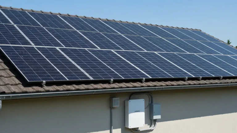 Instalacja paneli słonecznych 5 kW na dachu domu jednorodzinnego z falownikiem na ścianie