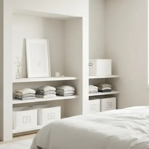 Przytulna, dobrze zorganizowana sypialnia w stylu minimalistycznym z widocznymi, elegancko ułożonymi ubraniami i białymi pojemnikami do przechowywania