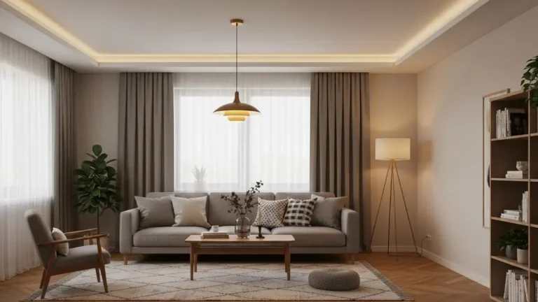 Nowoczesne oświetlenie salonu w domu - lampa wisząca, taśmy LED i ciepłe światło