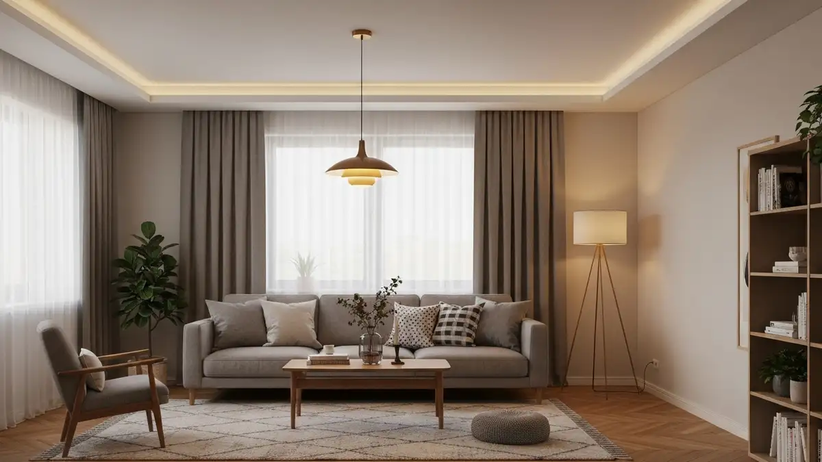 Nowoczesne oświetlenie salonu w domu - lampa wisząca, taśmy LED i ciepłe światło