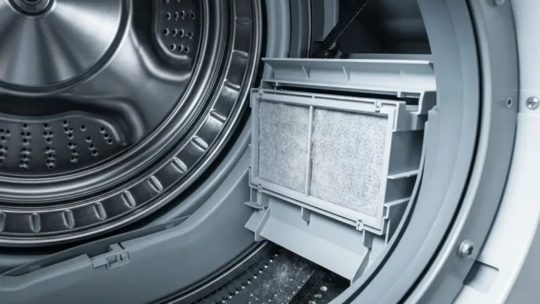 Wnętrze pralki z widocznym bębnem i elementami mechanicznymi, na pierwszy plan zbliżenie filtru oraz paska napędowego
