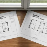 Porównanie projektu gotowego i indywidualnego domu jednorodzinnego - plany architektoniczne na stole