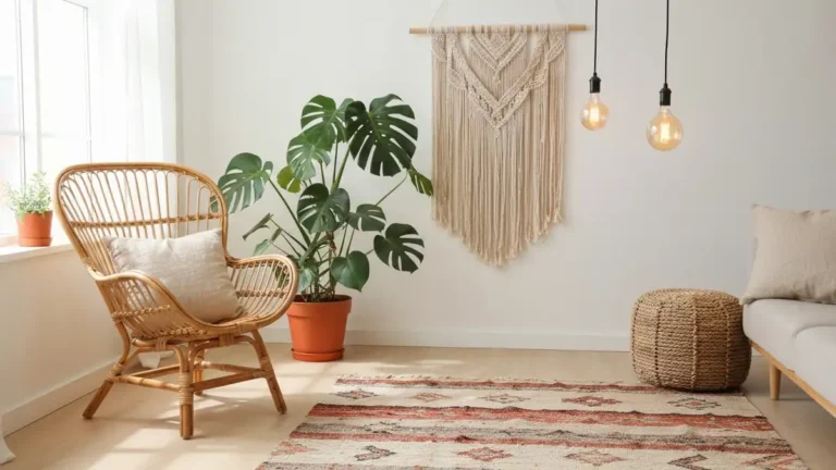 Salon urządzony w stylu boho z rattanowymi meblami, makramą i roślinami doniczkowymi