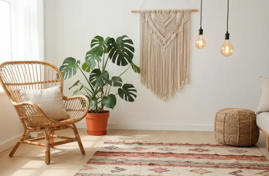 Salon urządzony w stylu boho z rattanowymi meblami, makramą i roślinami doniczkowymi