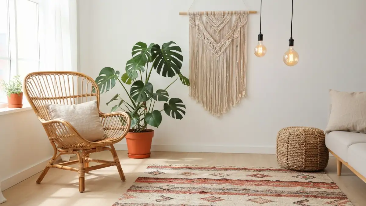 Salon urządzony w stylu boho z rattanowymi meblami, makramą i roślinami doniczkowymi