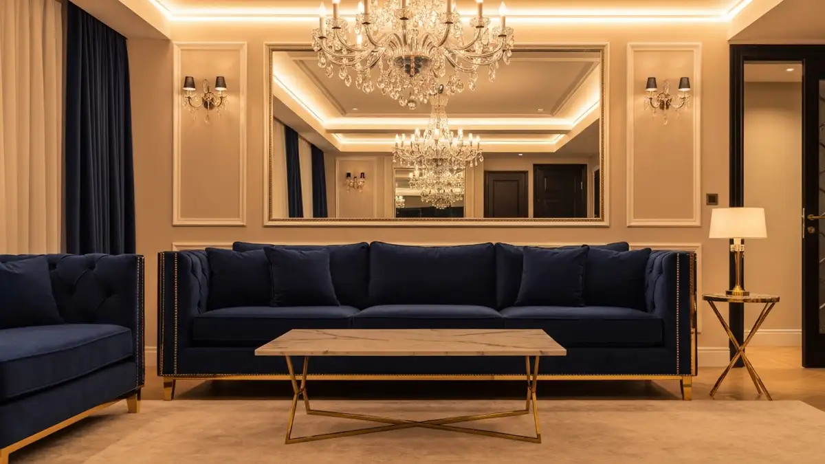 Elegancki salon w stylu glamour ze złotymi akcentami, aksamitną sofą i kryształowym żyrandolem