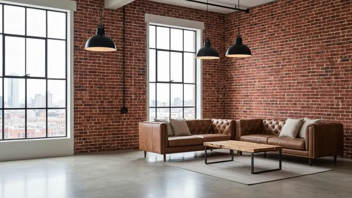 Salon w stylu loft z ceglaną ścianą, betonową podłogą i industrialnym oświetleniem