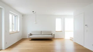 Minimalistyczny salon z białymi ścianami, beżową sofą i drewnianą podłogą