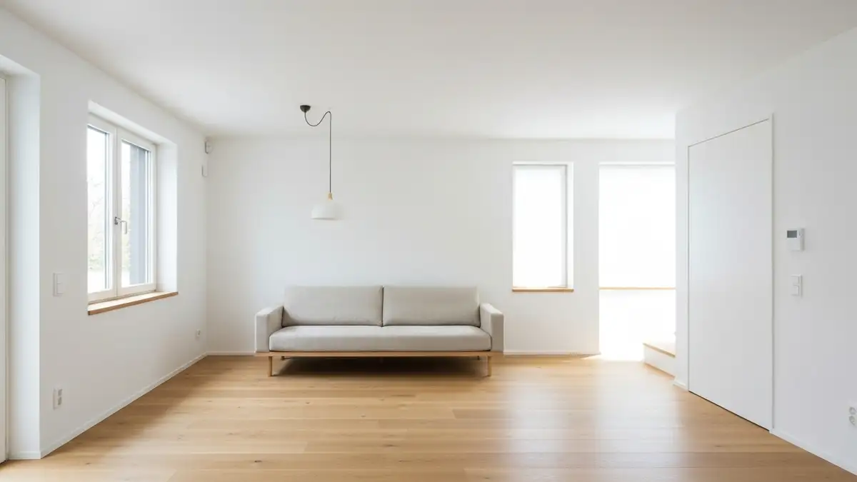 Minimalistyczny salon z białymi ścianami, beżową sofą i drewnianą podłogą