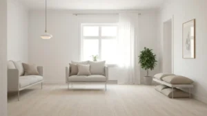 Jasny salon w stylu skandynawskim z drewnianą podłogą, białymi ścianami i minimalistycznymi meblami